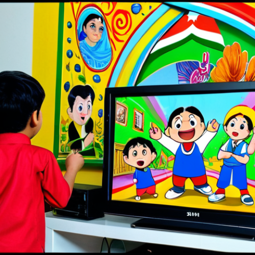 Home 11 **
A vibrant scene depicting children watching "Shin Chan" on television in a Pakistani home. The living room is decorated with colorful Urdu posters and traditional Pakistani elements. The children are laughing and pointing at the screen, clearly enjoying the cartoon. Focus on capturing the joy and excitement "Shin Chan" brings to its young audience. Include the words "Shin Chan Pakistan" subtly integrated into the background (perhaps on a poster). Safe for work, appropriate content, fully clothed, family-friendly. Perfect anatomy, correct proportions, natural pose, high quality.
**
