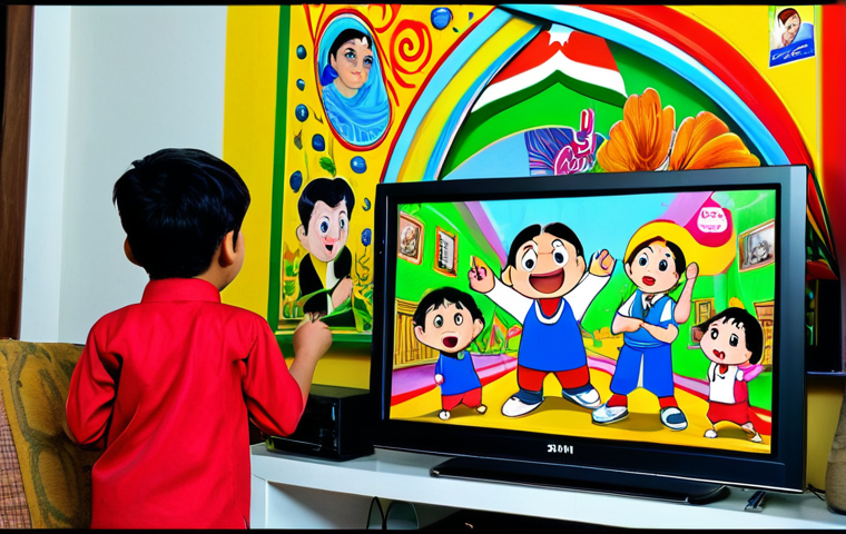 **

A vibrant scene depicting children watching "Shin Chan" on television in a Pakistani home. The living room is decorated with colorful Urdu posters and traditional Pakistani elements. The children are laughing and pointing at the screen, clearly enjoying the cartoon. Focus on capturing the joy and excitement "Shin Chan" brings to its young audience.  Include the words "Shin Chan Pakistan" subtly integrated into the background (perhaps on a poster). Safe for work, appropriate content, fully clothed, family-friendly. Perfect anatomy, correct proportions, natural pose, high quality.

**