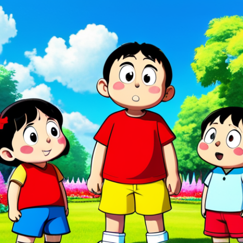 Home 6 **
"Shin Chan mischievously playing with his friends in a vibrant park, fully clothed in his signature red shirt and yellow shorts, surrounded by colorful flowers and a sunny sky, appropriate attire, safe for work, perfect anatomy, natural proportions, family-friendly cartoon style, high quality animation"
**